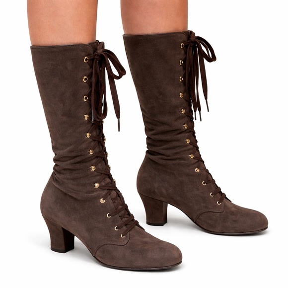 Shoes - Genuine Suede Lace-Up Knee-High Boots Gold Hardware Italy